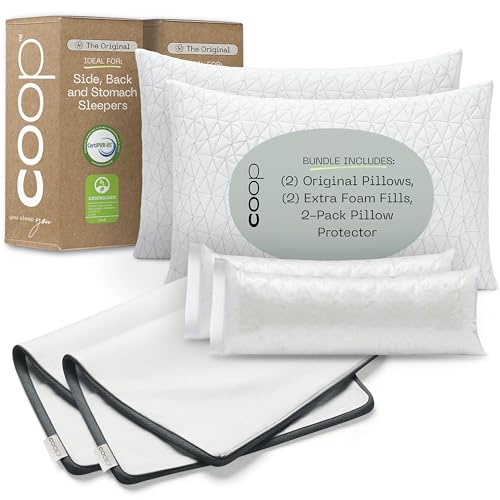 Coop 2 Original Adjustable Memory Foam Pillows & 2 Waterproof Pillow Protectors – Queen | Breathable Covers, CertiPUR-US