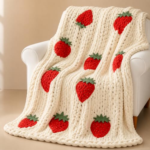 ELIRAR Chunky Knit Blanket with Strawberry Pattern, Cream White Throw