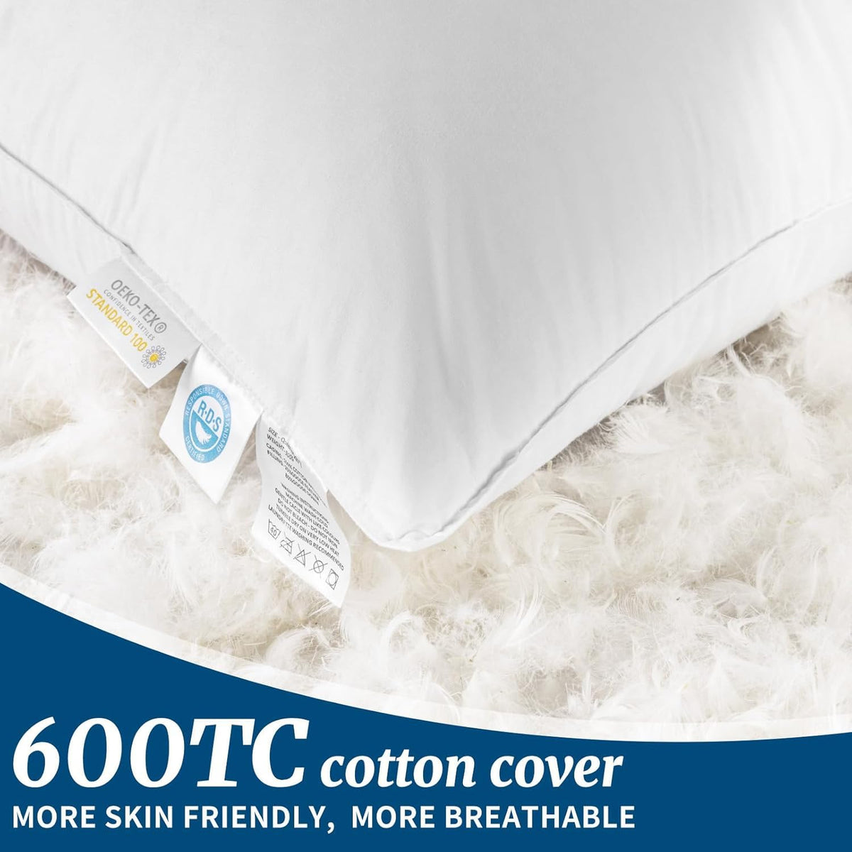 AiAngu Canadian Luxury Goose Down Pillow 600 Thread Count Cotton Shell- Ultra Soft and Comfortable Sleep Pillows - Bed Pillows for Back, Stomach, Side Sleeper-FT321