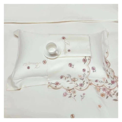 1000TC 100% Cotton Supreme Quality Luxury Bedding Flowers Embroidery Bedding Set Duvet Cover Set Flat/Fitted Bed Sheet Pillowcases (D KING_FLAT)