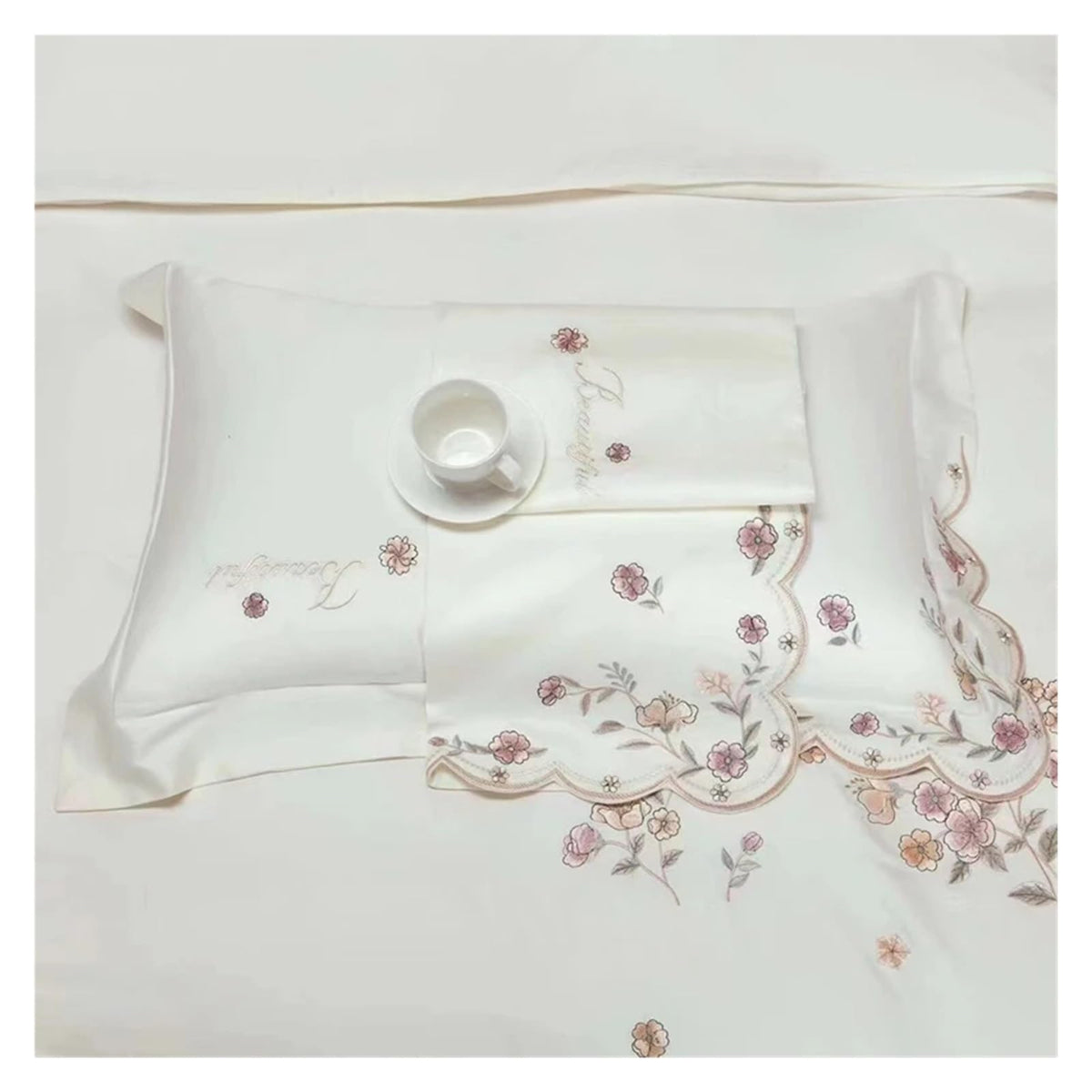 1000TC 100% Cotton Supreme Quality Luxury Bedding Flowers Embroidery Bedding Set Duvet Cover Set Flat/Fitted Bed Sheet Pillowcases (I QUEEN_FLAT)