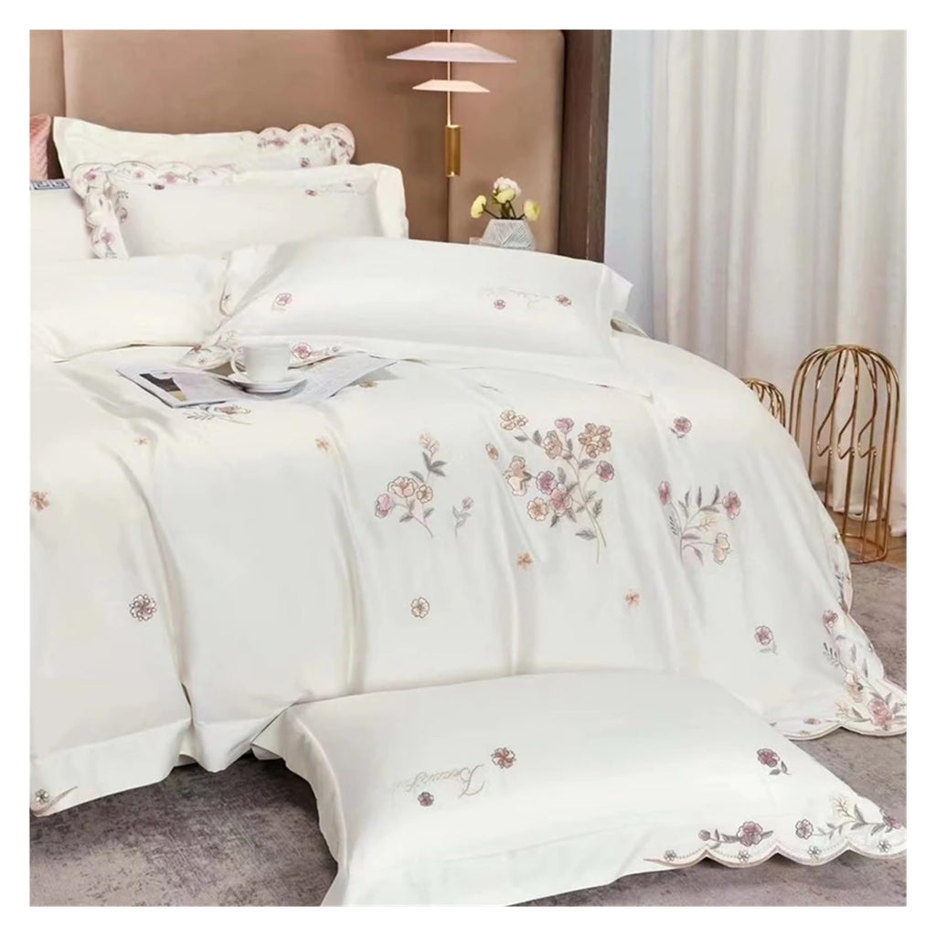 1000TC 100% Cotton Supreme Quality Luxury Bedding Flowers Embroidery Bedding Set Duvet Cover Set Flat/Fitted Bed Sheet Pillowcases (D KING_FLAT)