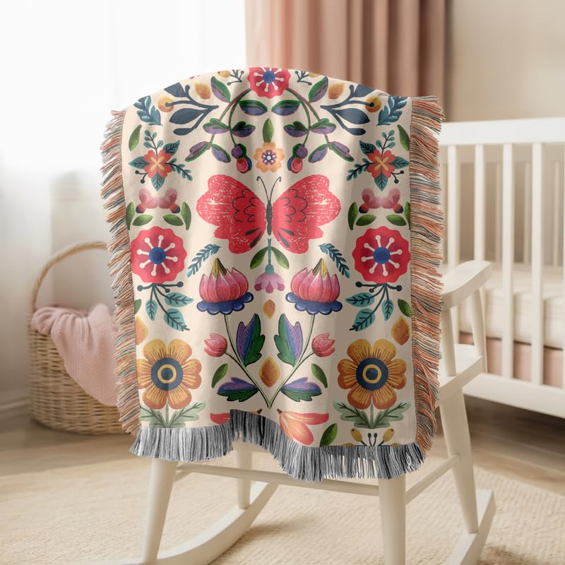 Customized Floral Butterfly Woven Blanket, Cotton Throw for Sofa and Bed