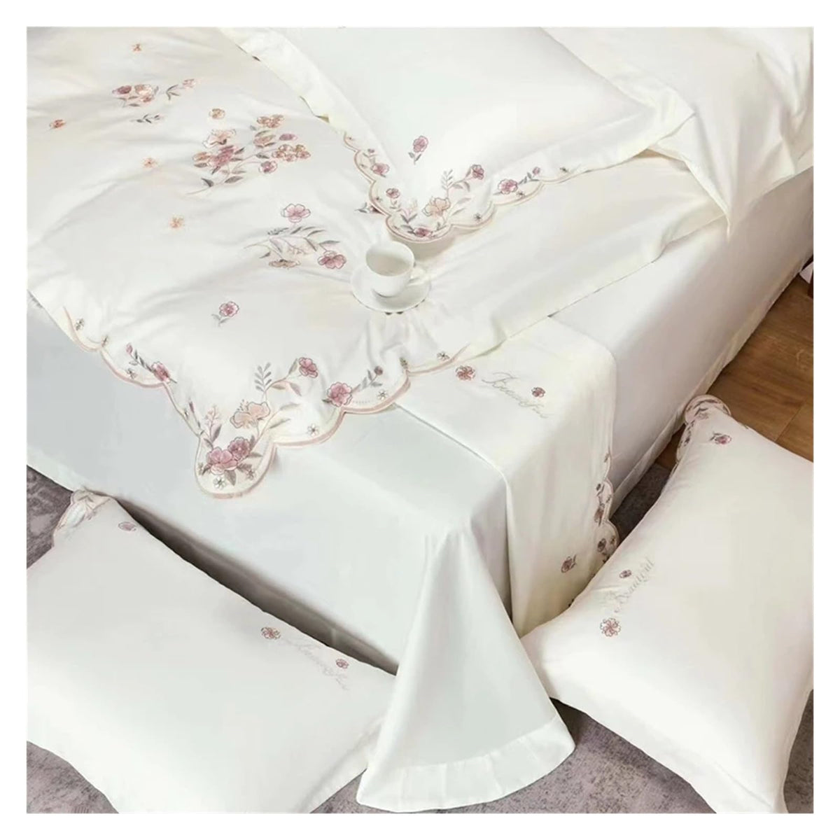 1000TC 100% Cotton Supreme Quality Luxury Bedding Flowers Embroidery Bedding Set Duvet Cover Set Flat/Fitted Bed Sheet Pillowcases (D KING_FLAT)