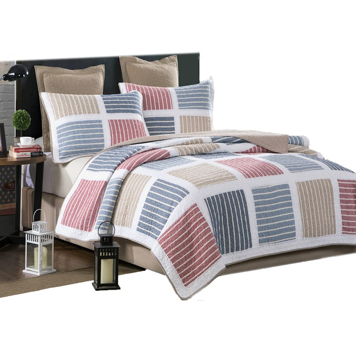 Patchwork Quilted Bedspread Reversible Cotton Coverlets Set 3 Pieces Lightweight Vintage Multicolor Stripe Stitching Pattern Double King Quilt with 2 Pillow Shams