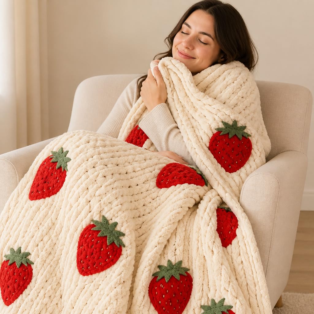 ELIRAR Chunky Knit Blanket with Strawberry Pattern, Cream White Throw