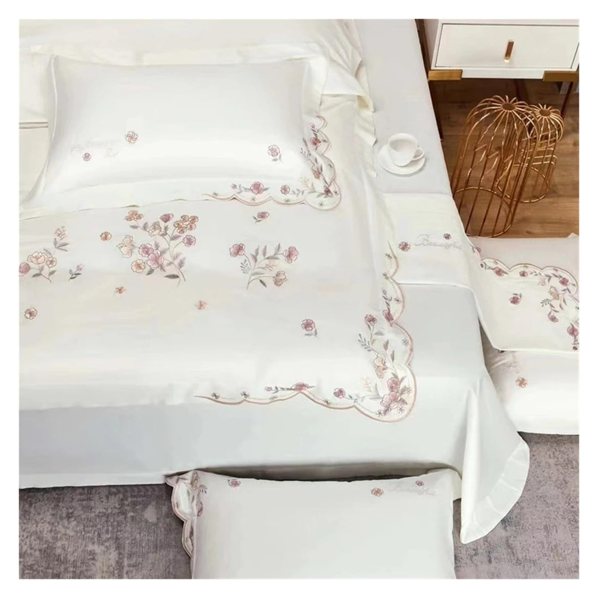 1000TC 100% Cotton Supreme Quality Luxury Bedding Flowers Embroidery Bedding Set Duvet Cover Set Flat/Fitted Bed Sheet Pillowcases (D KING_FLAT)