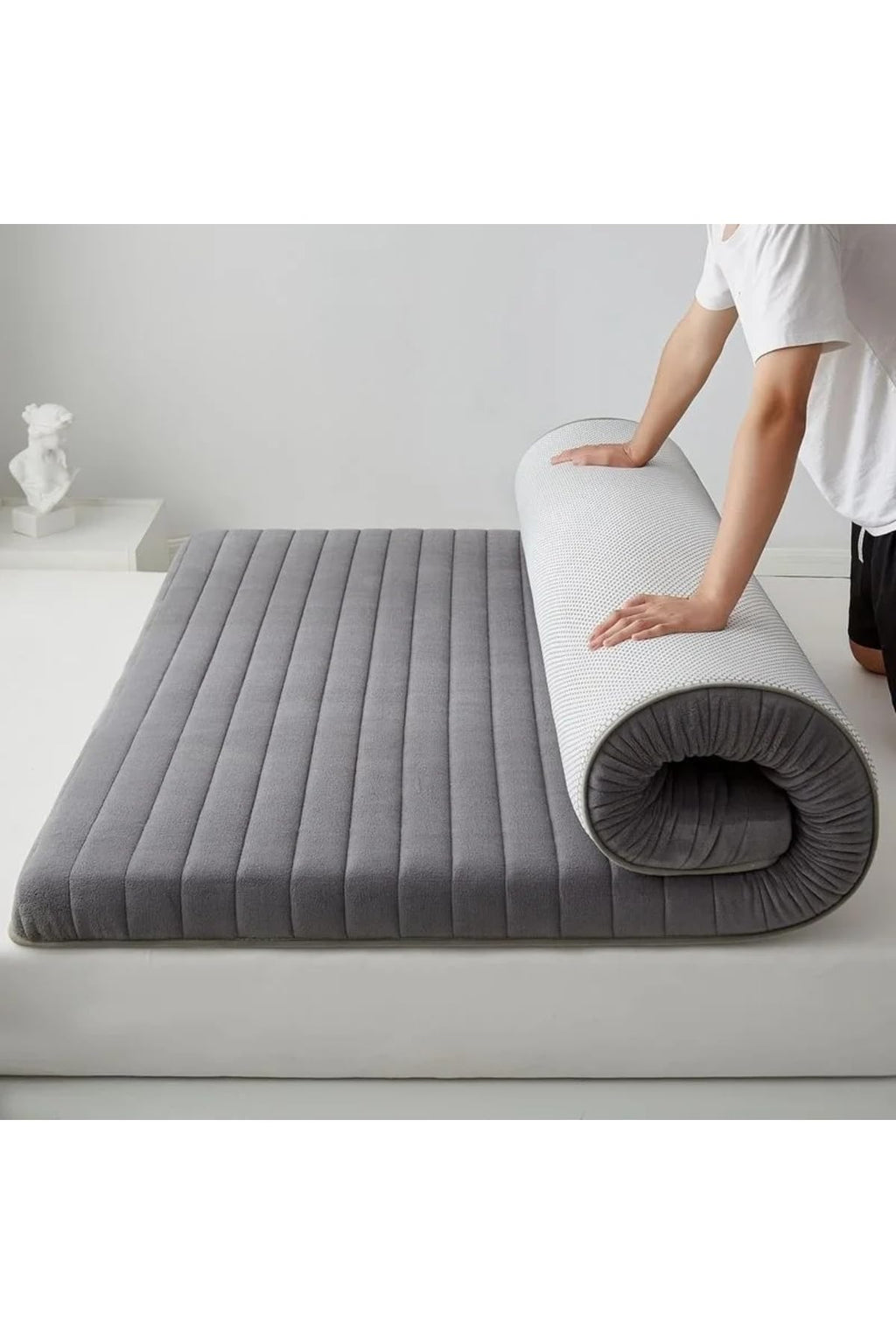 Bed Pad Mattress Topper Charcoal Gray Welsoft Fabric Stain Resistant Washable with Elastic Straps for Floor or Sofa Bed Use