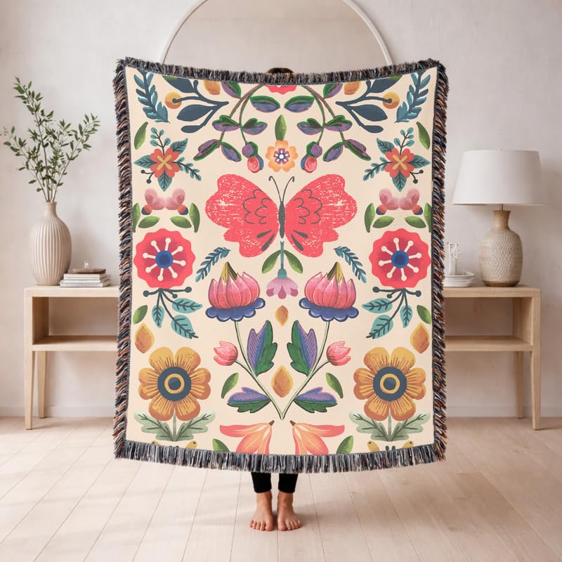 Customized Floral Butterfly Woven Blanket, Cotton Throw for Sofa and Bed