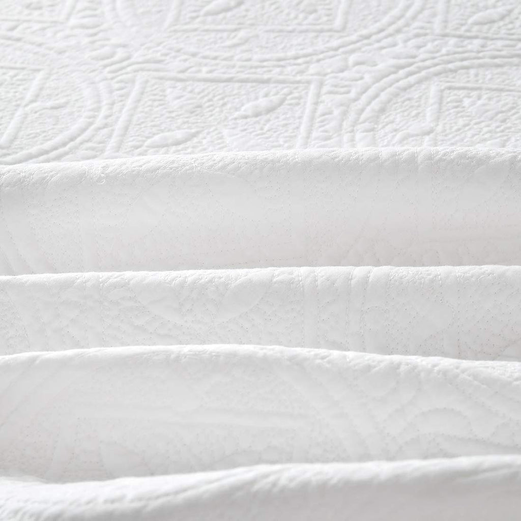 3 Piece 100% Cotton Solid Quilt Set Oversize Queen Embroidered Pattern Lightweight Quilted Coverlet Bedspread Compatible with All Season (Blue,Oversize Queen) (White Oversize Queen(106"x92"))