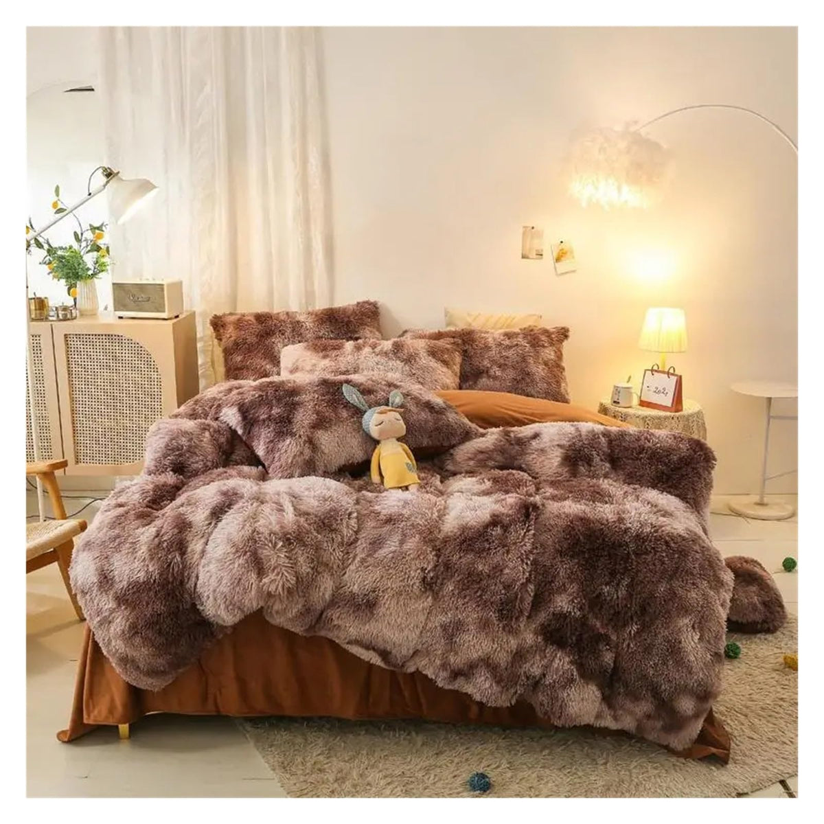 Comforter Cover Set, Gradient Color Plush Shaggy Ultra Soft Bedding Sets 4Pcs, Rainbow Tie Dye Comforter for Winter (Khaki King)