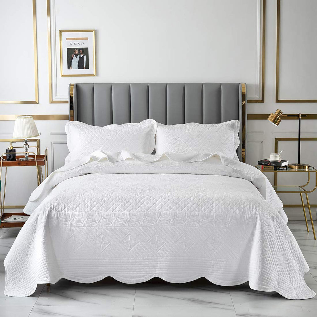 3 Piece 100% Cotton Solid Quilt Set Oversize Queen Embroidered Pattern Lightweight Quilted Coverlet Bedspread Compatible with All Season (Blue,Oversize Queen) (White Oversize Queen(106"x92"))