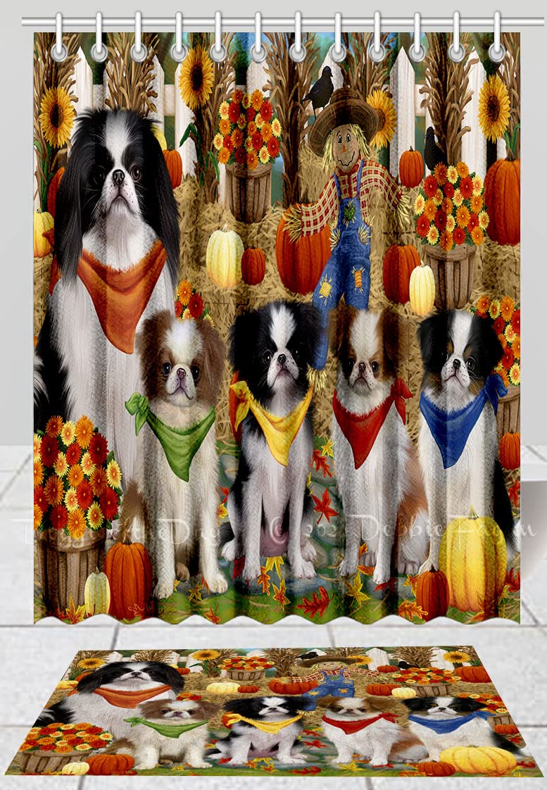 Doggie of the Day Japanese Chin Dog Bath Mat & Shower Curtain Combo - Non-Slip Bathroom Decor Plush Rug Mat Polyester Bathtub Curtain Screens with Hooks