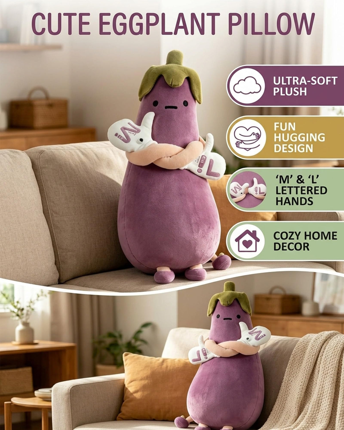 QLVJZVO Eggplant Hugging Pillow, Smart RC Heat&pat Arm, Partner Plush Comfort Pillows for Side Sleepers, Bed and Couch Washable Sleep Companion and Decorative Throw
