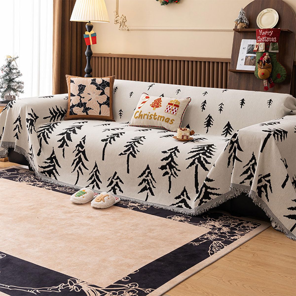 SYXJXEI Christmas Chenille Sofa Throw Cover for Couch, Soft Woven Couch Cover Blanket with Tassels, Washable Furniture Protector for Pets, Nordic Pine Tree Holiday Sofa Cover for Living Room