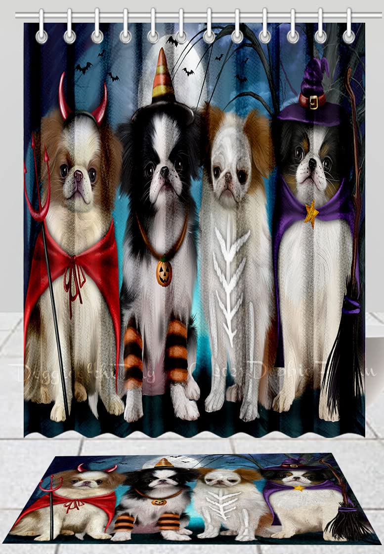 Doggie of the Day Japanese Chin Dog Bath Mat & Shower Curtain Combo - Non-Slip Bathroom Decor Plush Rug Mat Polyester Bathtub Curtain Screens with Hooks