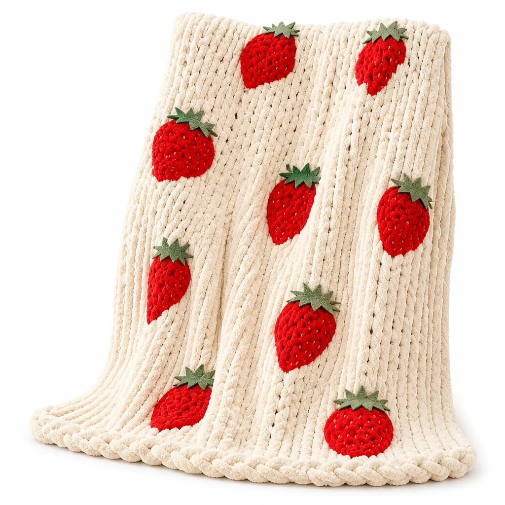 ELIRAR Chunky Knit Blanket with Strawberry Pattern, Cream White Throw