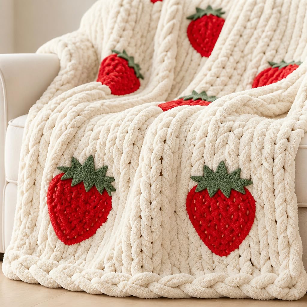 ELIRAR Chunky Knit Blanket with Strawberry Pattern, Cream White Throw
