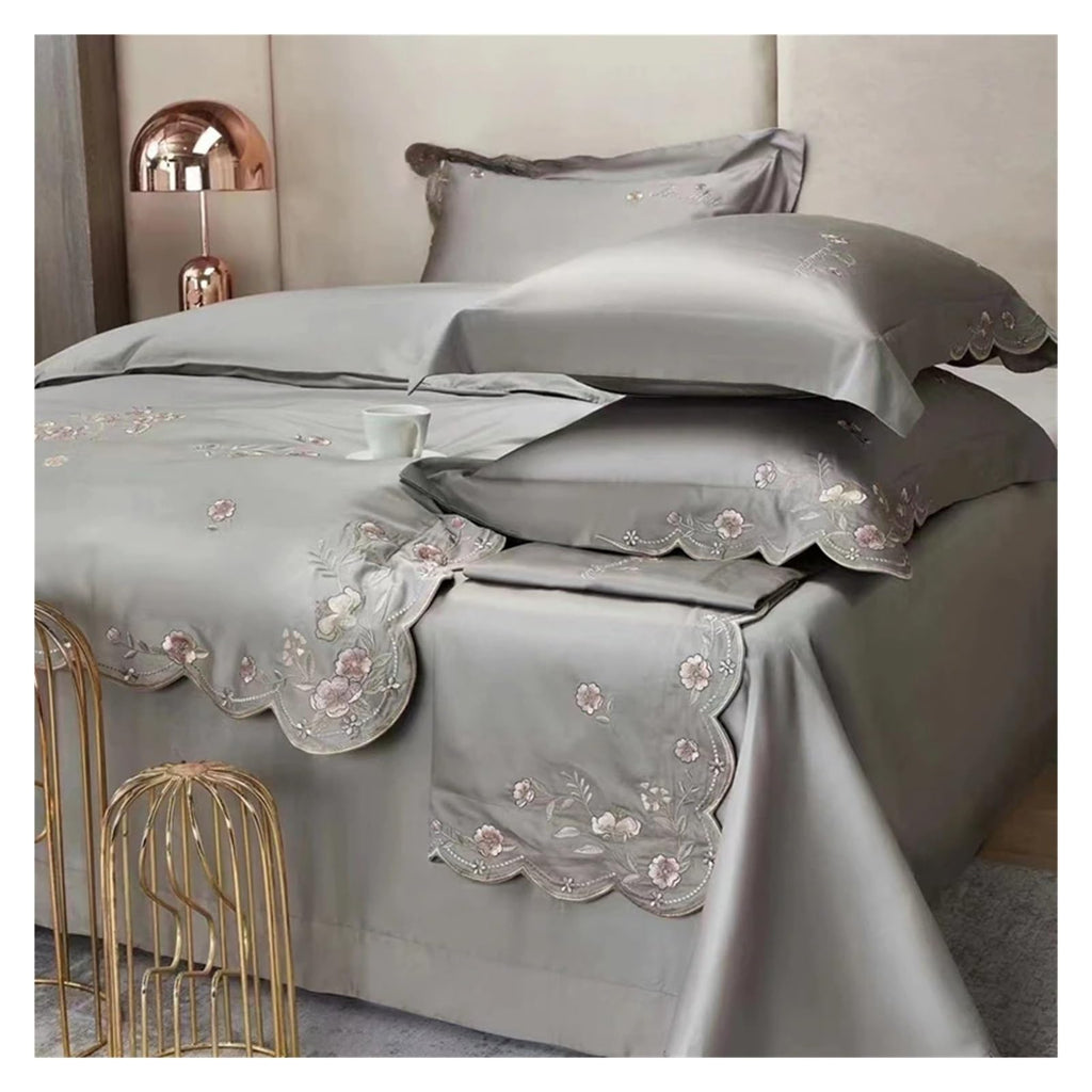 1000TC 100% Cotton Supreme Quality Luxury Bedding Flowers Embroidery Bedding Set Duvet Cover Set Flat/Fitted Bed Sheet Pillowcases (I QUEEN_FLAT)