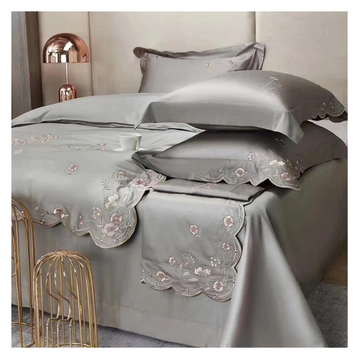 1000TC 100% Cotton Supreme Quality Luxury Bedding Flowers Embroidery Bedding Set Duvet Cover Set Flat/Fitted Bed Sheet Pillowcases (I QUEEN_FLAT)