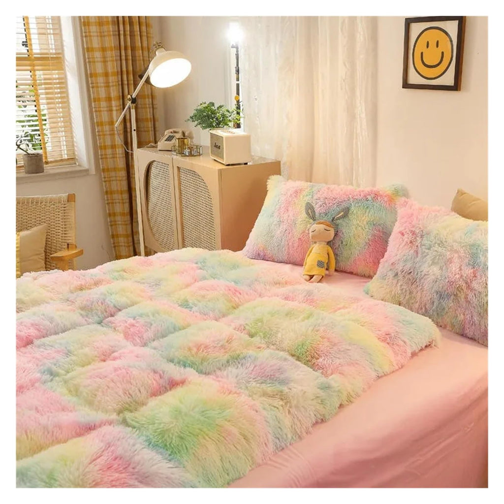 Comforter Cover Set, Gradient Color Plush Shaggy Ultra Soft Bedding Sets 4Pcs, Rainbow Tie Dye Comforter for Winter (Iridescent King)