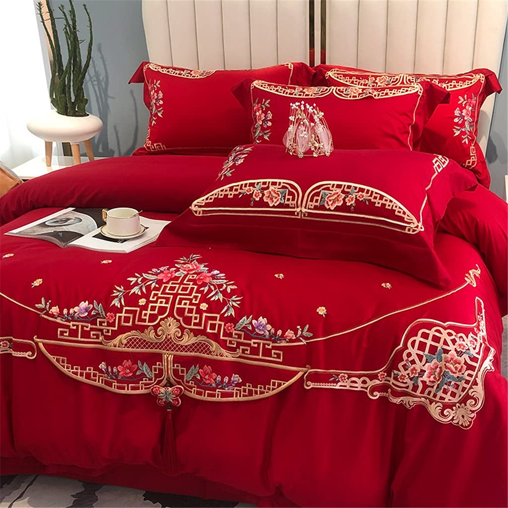 Chinese Style 100 Cotton Satin Wedding Embroidery Four-Piece Set of Simple Big Red Wedding Duvet Cover Bedding (Color : E Size : 1.8m) (F 2m)