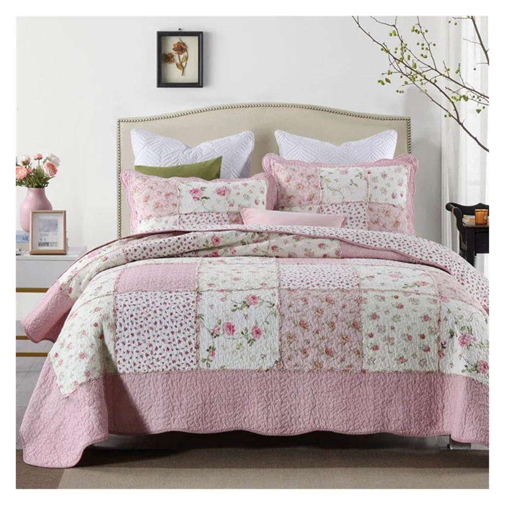 Floral Quilt Set 100% Cotton 3PCS Bedspread on The Bed Patchwork Comforter Queen Size Coverlet Blanket ()