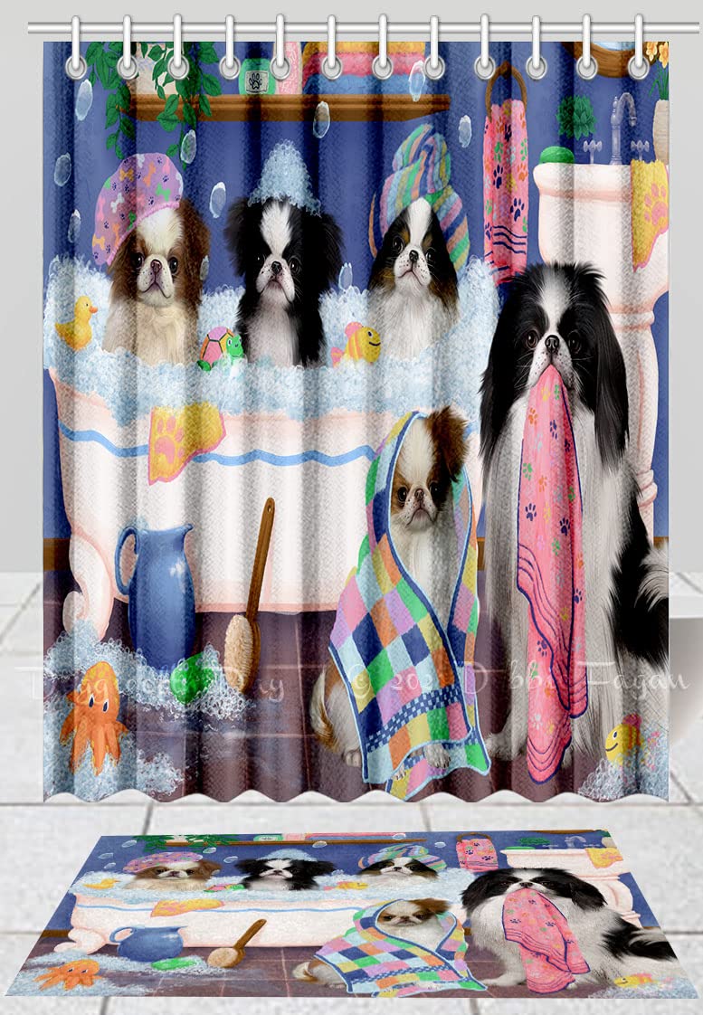 Doggie of the Day Japanese Chin Dog Bath Mat & Shower Curtain Combo - Non-Slip Bathroom Decor Plush Rug Mat Polyester Bathtub Curtain Screens with Hooks