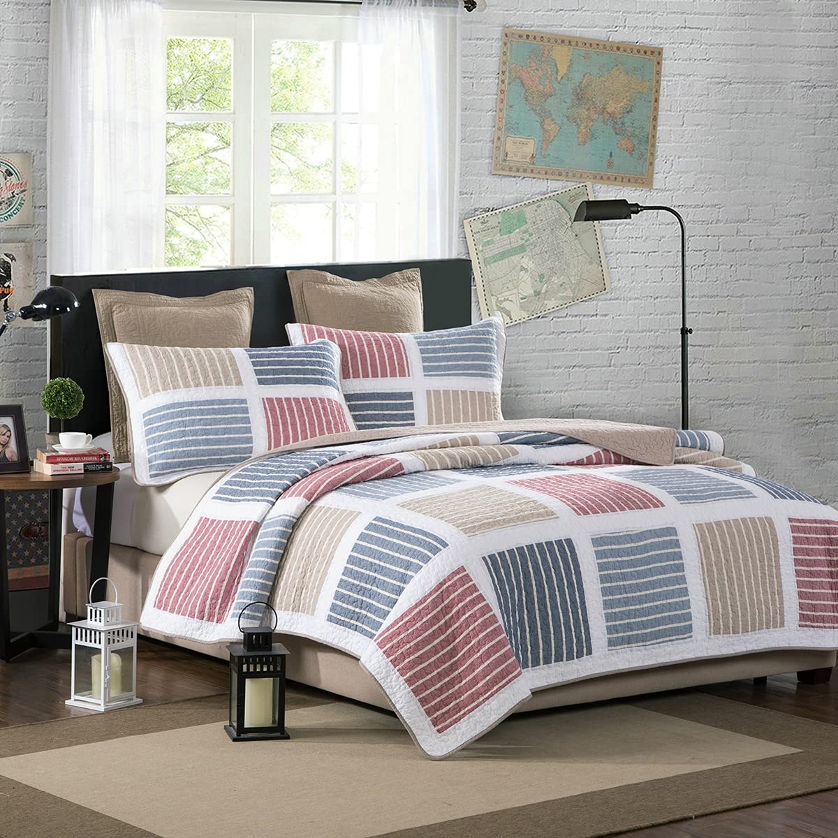 Patchwork Quilted Bedspread Reversible Cotton Coverlets Set 3 Pieces Lightweight Vintage Multicolor Stripe Stitching Pattern Double King Quilt with 2 Pillow Shams