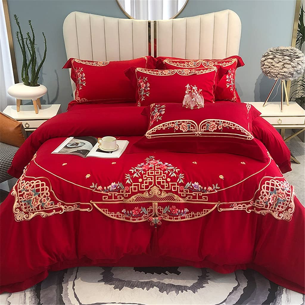 Chinese Style 100 Cotton Satin Wedding Embroidery Four-Piece Set of Simple Big Red Wedding Duvet Cover Bedding (Color : E Size : 1.8m) (F 2m)