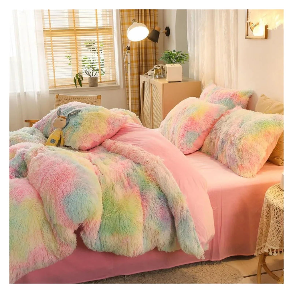 Comforter Cover Set, Gradient Color Plush Shaggy Ultra Soft Bedding Sets 4Pcs, Rainbow Tie Dye Comforter for Winter (Iridescent King)