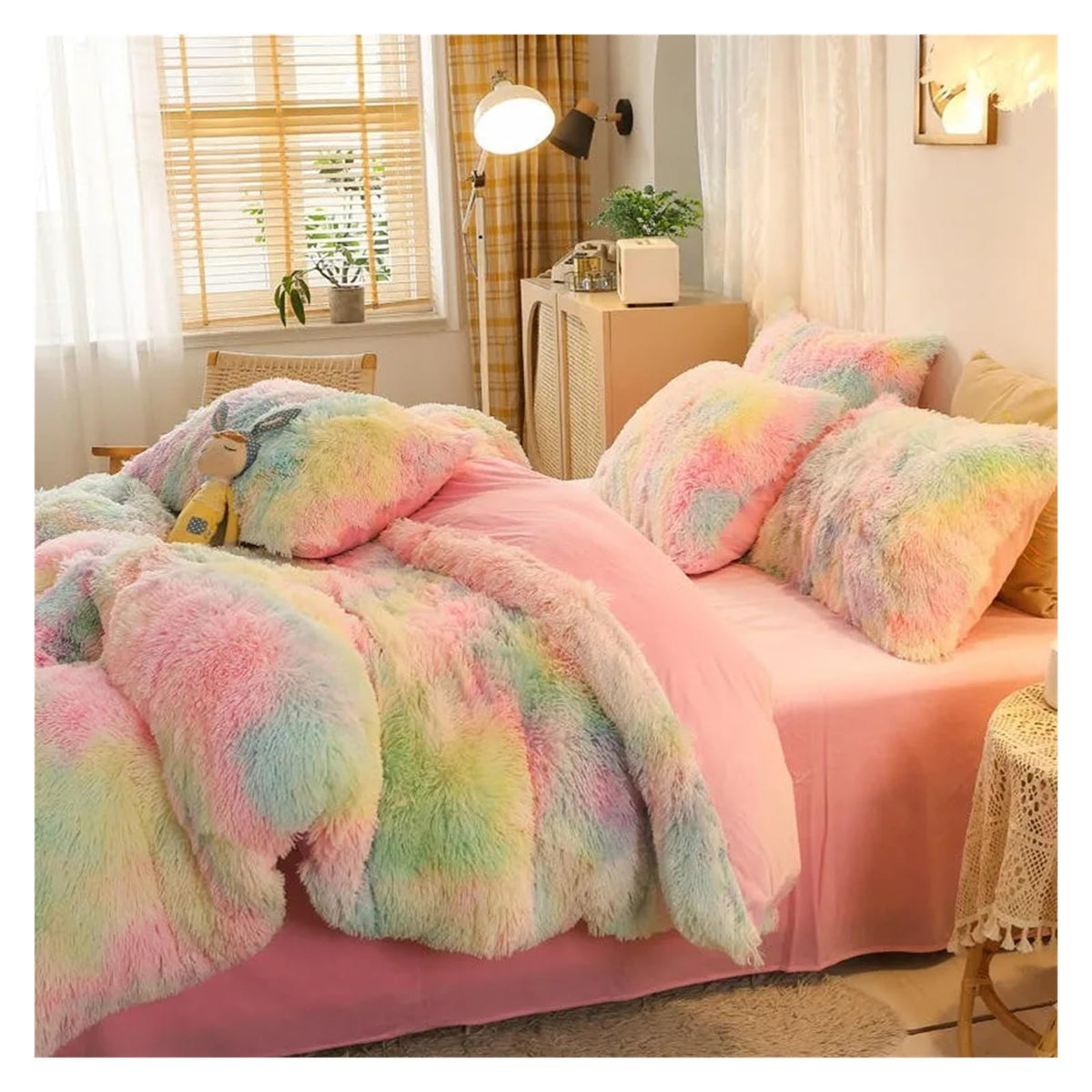 Comforter Cover Set, Gradient Color Plush Shaggy Ultra Soft Bedding Sets 4Pcs, Rainbow Tie Dye Comforter for Winter (Iridescent King)