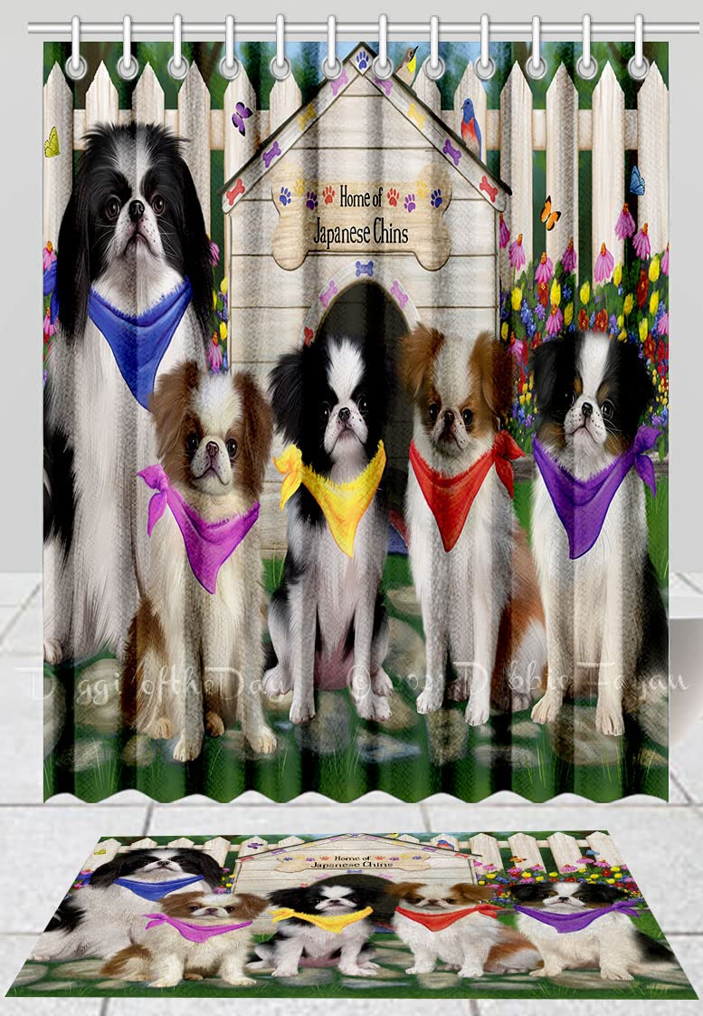 Doggie of the Day Japanese Chin Dog Bath Mat & Shower Curtain Combo - Non-Slip Bathroom Decor Plush Rug Mat Polyester Bathtub Curtain Screens with Hooks
