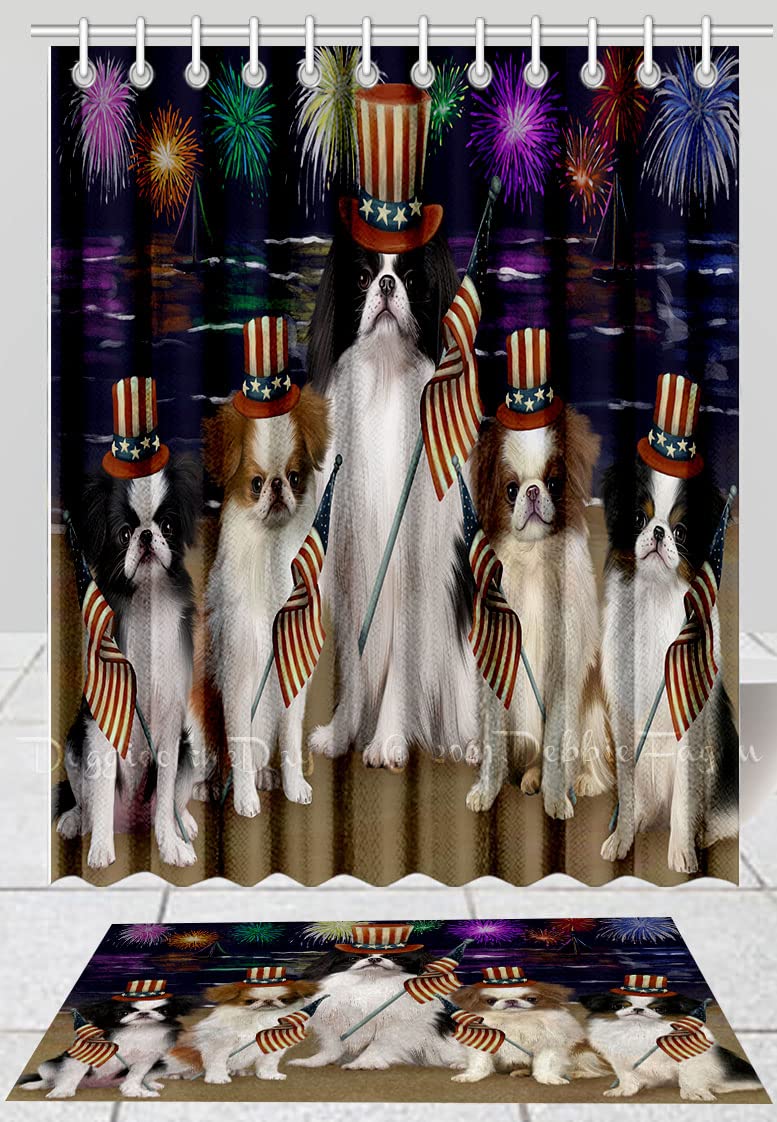 Doggie of the Day Japanese Chin Dog Bath Mat & Shower Curtain Combo - Non-Slip Bathroom Decor Plush Rug Mat Polyester Bathtub Curtain Screens with Hooks