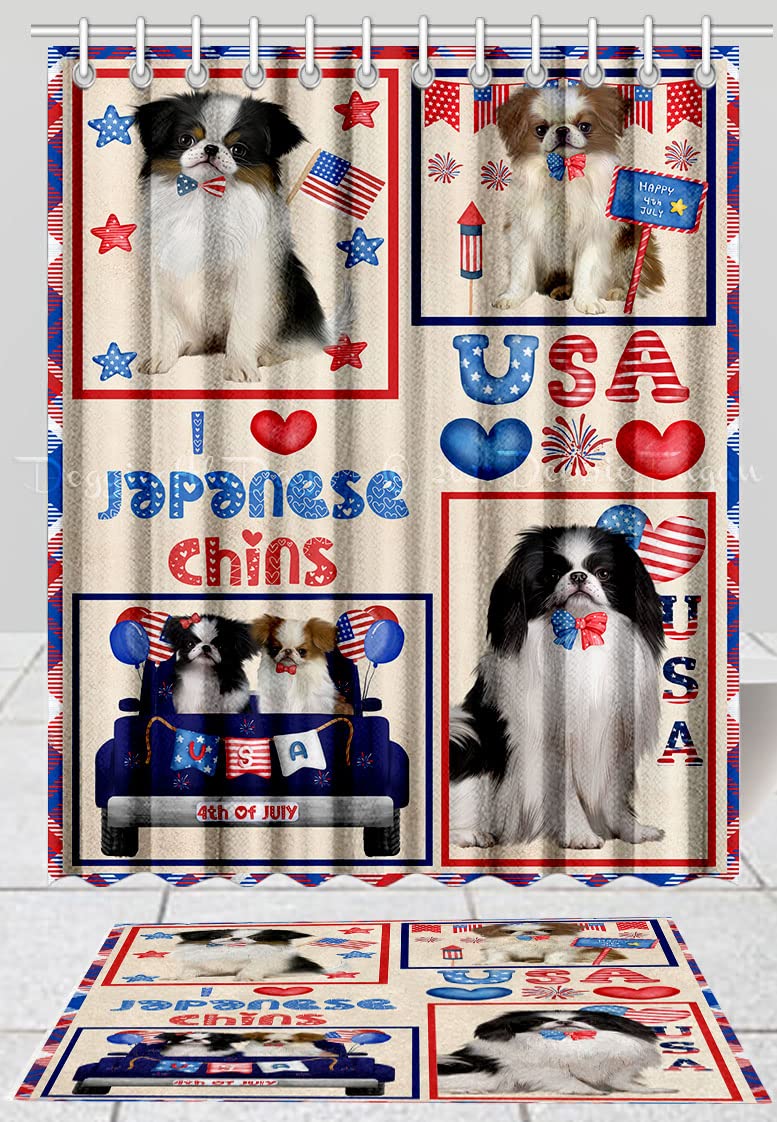 Doggie of the Day Japanese Chin Dog Bath Mat & Shower Curtain Combo - Non-Slip Bathroom Decor Plush Rug Mat Polyester Bathtub Curtain Screens with Hooks