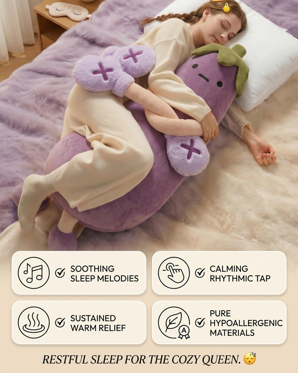 QLVJZVO Eggplant Hugging Pillow, Smart RC Heat&pat Arm, Partner Plush Comfort Pillows for Side Sleepers, Bed and Couch Washable Sleep Companion and Decorative Throw