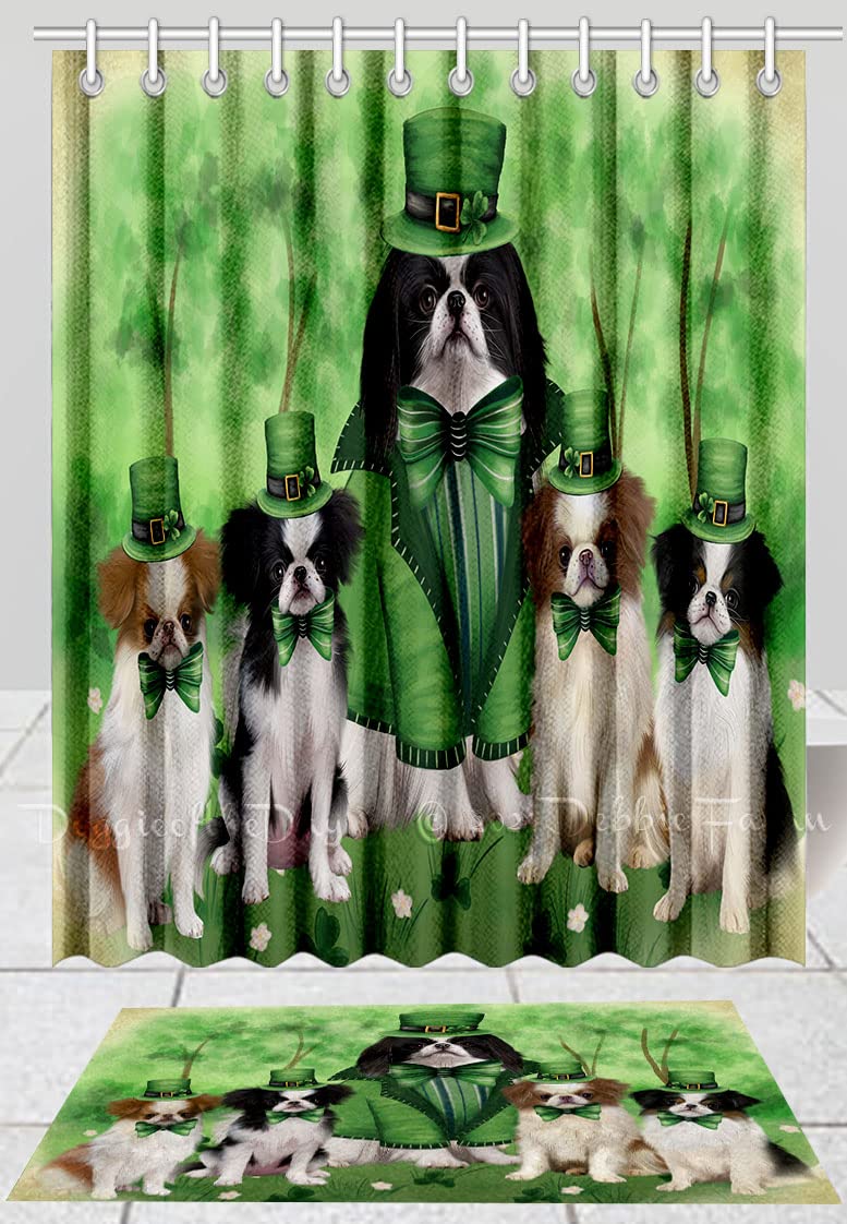Doggie of the Day Japanese Chin Dog Bath Mat & Shower Curtain Combo - Non-Slip Bathroom Decor Plush Rug Mat Polyester Bathtub Curtain Screens with Hooks