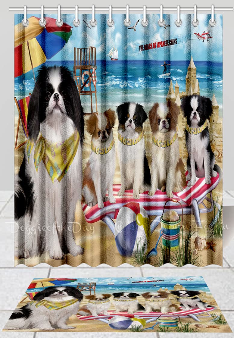 Doggie of the Day Japanese Chin Dog Bath Mat & Shower Curtain Combo - Non-Slip Bathroom Decor Plush Rug Mat Polyester Bathtub Curtain Screens with Hooks