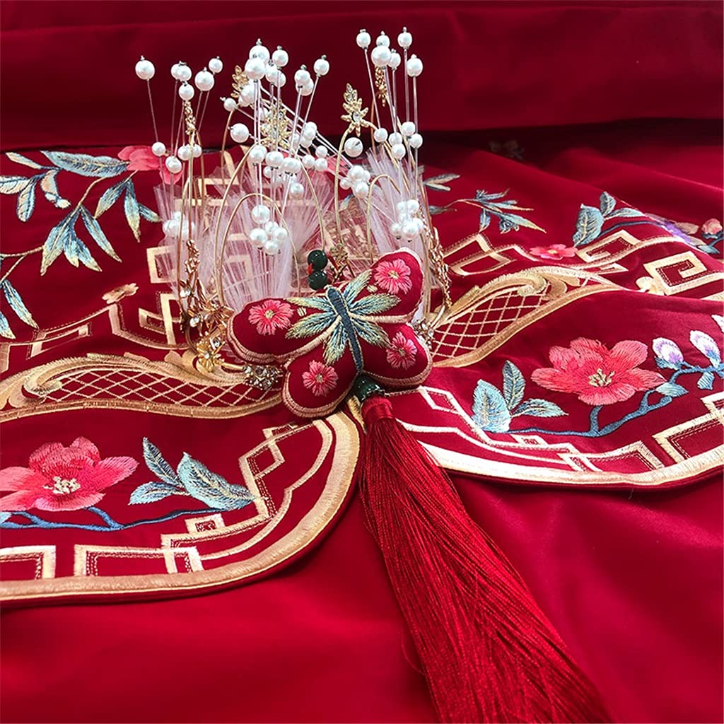 Chinese Style 100 Cotton Satin Wedding Embroidery Four-Piece Set of Simple Big Red Wedding Duvet Cover Bedding (Color : E Size : 1.8m) (F 2m)