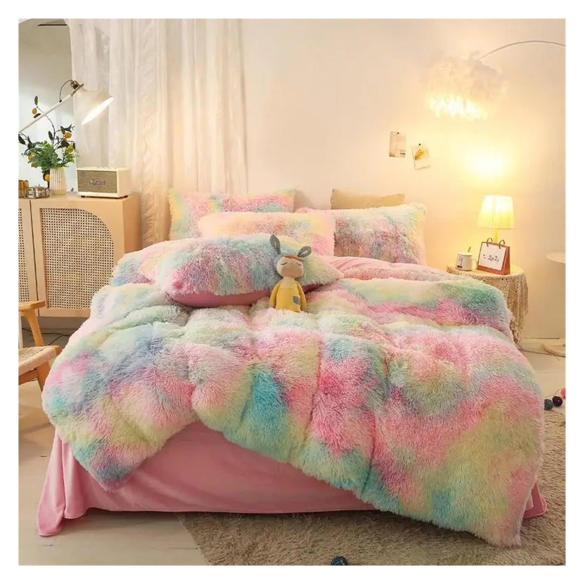 Comforter Cover Set, Gradient Color Plush Shaggy Ultra Soft Bedding Sets 4Pcs, Rainbow Tie Dye Comforter for Winter (Iridescent King)