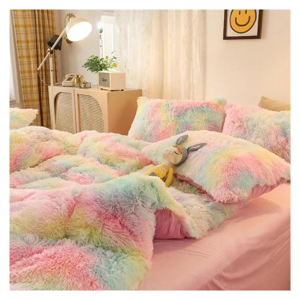 Comforter Cover Set, Gradient Color Plush Shaggy Ultra Soft Bedding Sets 4Pcs, Rainbow Tie Dye Comforter for Winter (Iridescent King)