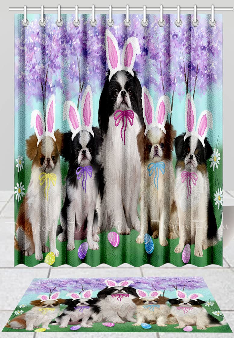 Doggie of the Day Japanese Chin Dog Bath Mat & Shower Curtain Combo - Non-Slip Bathroom Decor Plush Rug Mat Polyester Bathtub Curtain Screens with Hooks