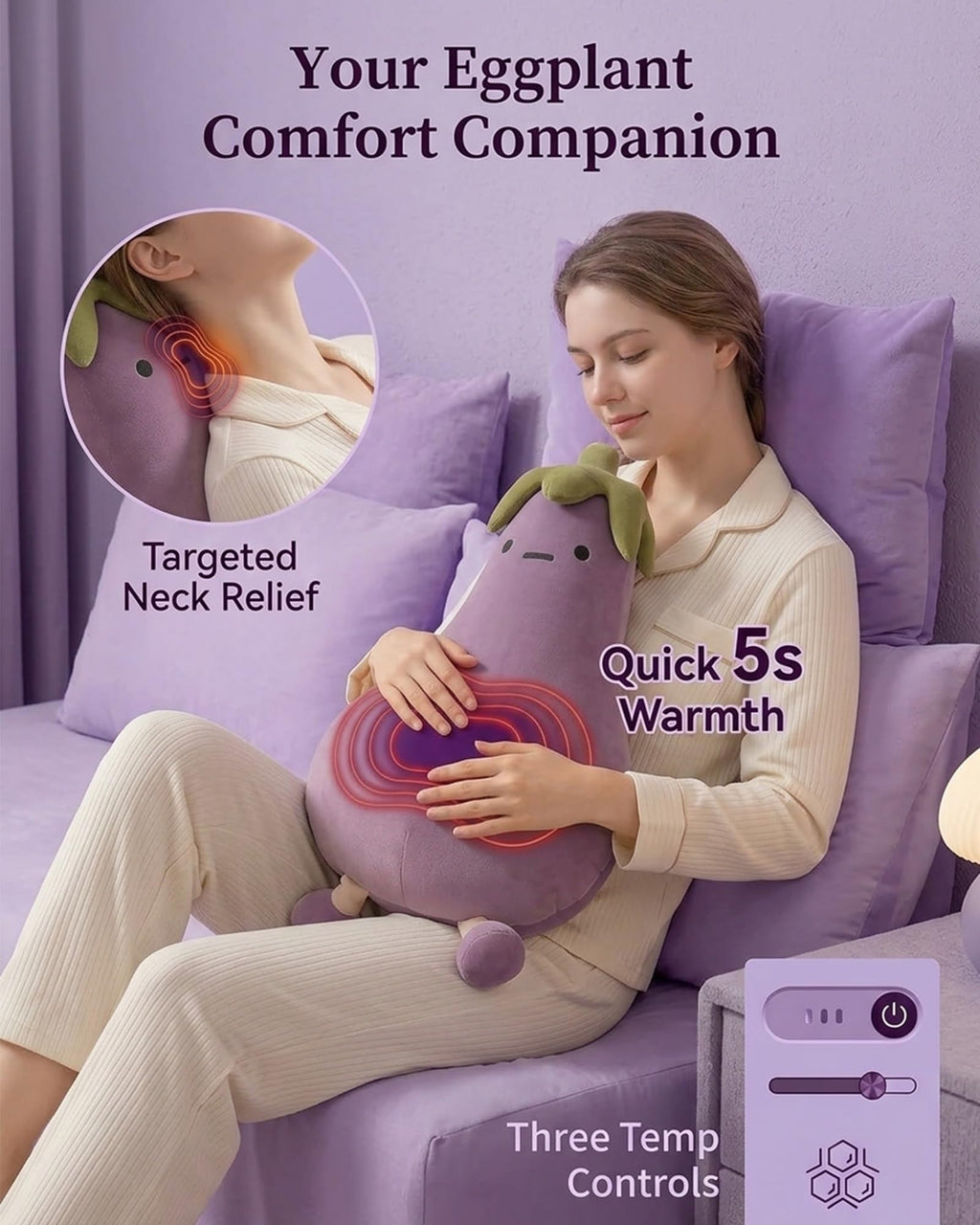 QLVJZVO Eggplant Hugging Pillow, Smart RC Heat&pat Arm, Partner Plush Comfort Pillows for Side Sleepers, Bed and Couch Washable Sleep Companion and Decorative Throw