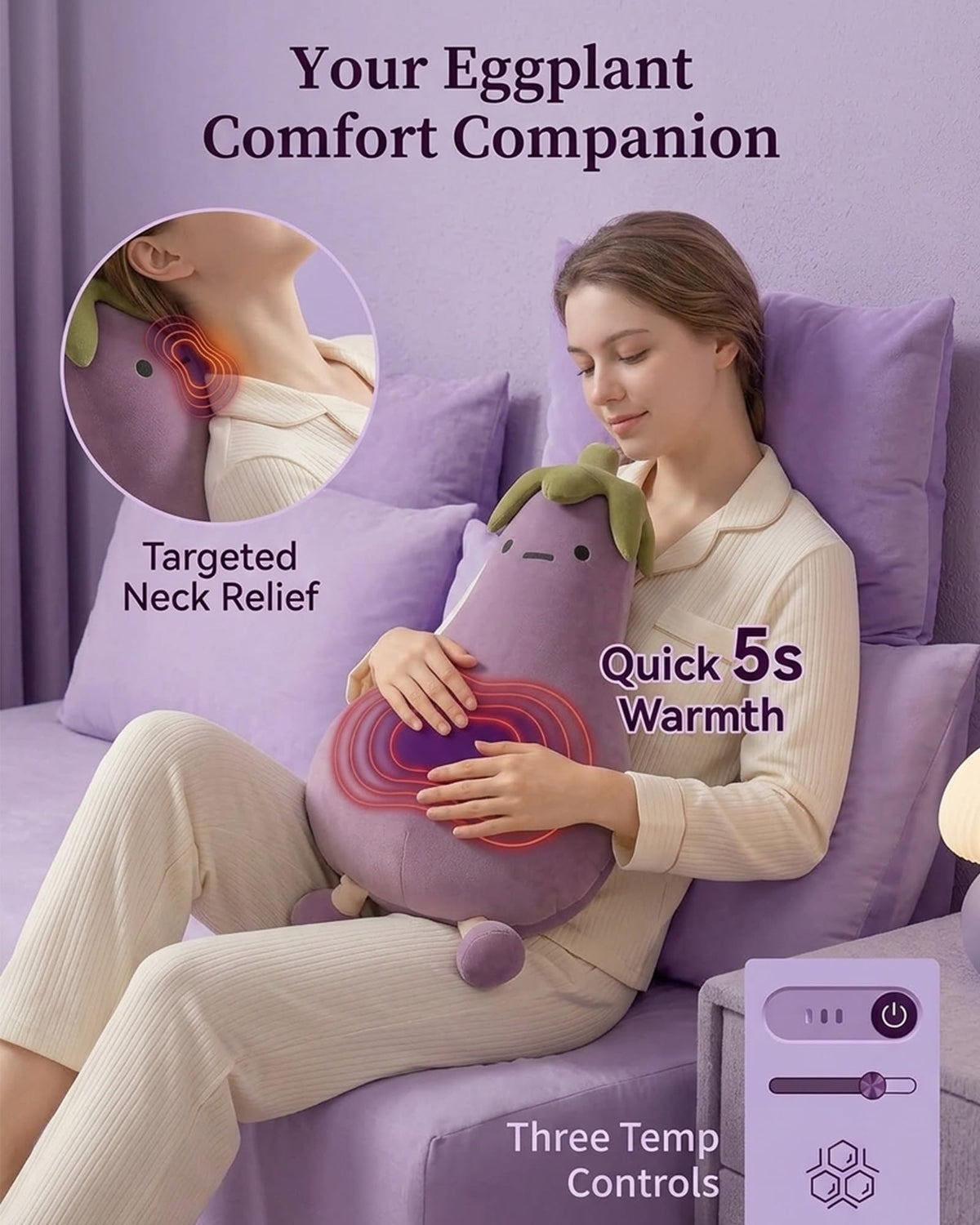 QLVJZVO Eggplant Hugging Pillow, Smart RC Heat&pat Arm, Partner Plush Comfort Pillows for Side Sleepers, Bed and Couch Washable Sleep Companion and Decorative Throw