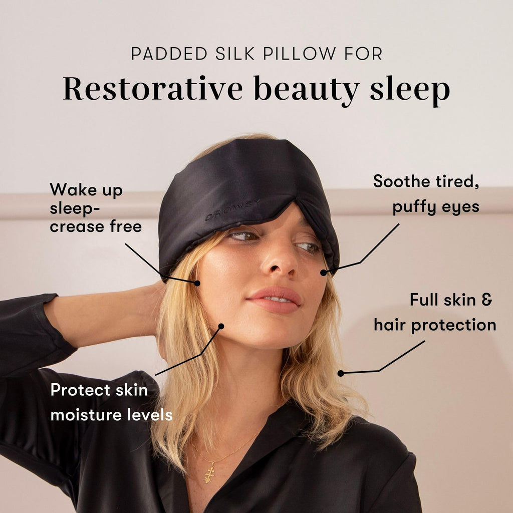 DROWSY Silk Sleep Mask. Face-Hugging, Padded Silk Cocoon for Luxury Sleep in Total Darkness.