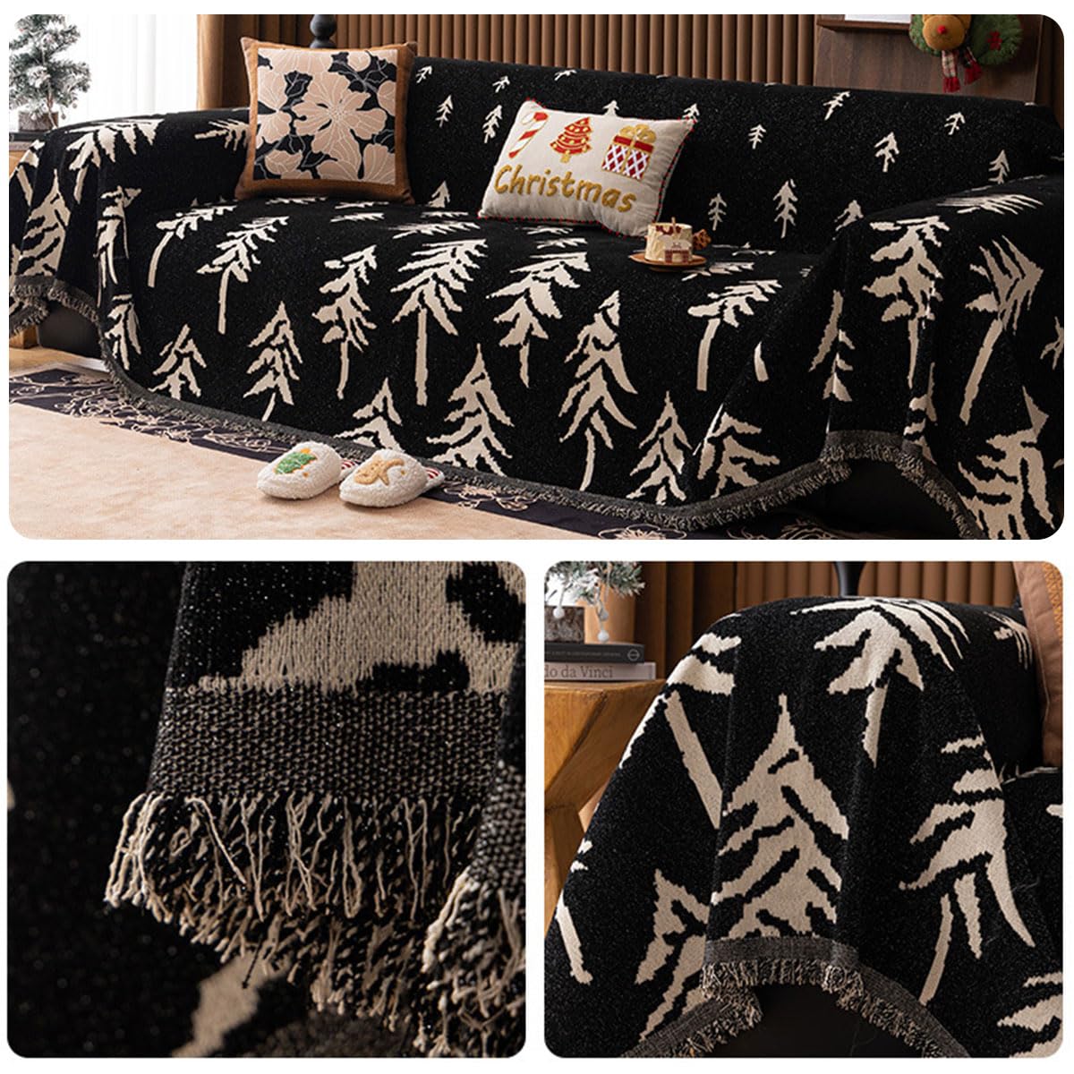 SYXJXEI Christmas Chenille Sofa Throw Cover for Couch, Soft Woven Couch Cover Blanket with Tassels, Washable Furniture Protector for Pets, Nordic Pine Tree Holiday Sofa Cover for Living Room