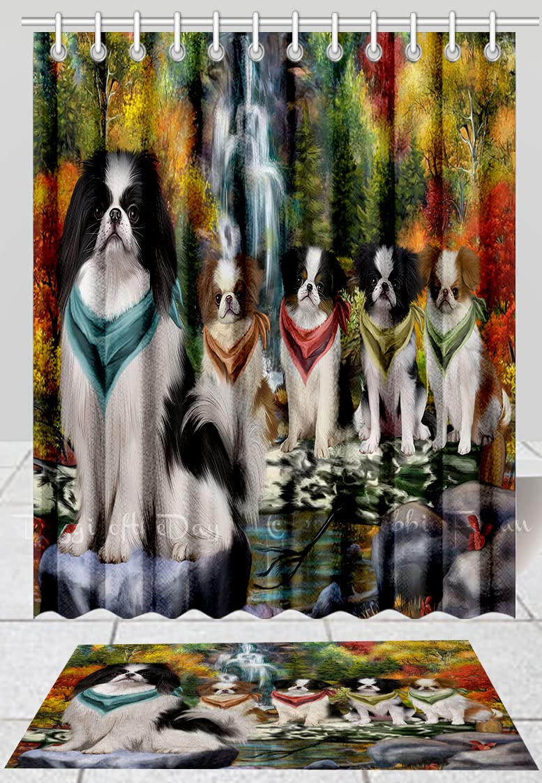 Doggie of the Day Japanese Chin Dog Bath Mat & Shower Curtain Combo - Non-Slip Bathroom Decor Plush Rug Mat Polyester Bathtub Curtain Screens with Hooks