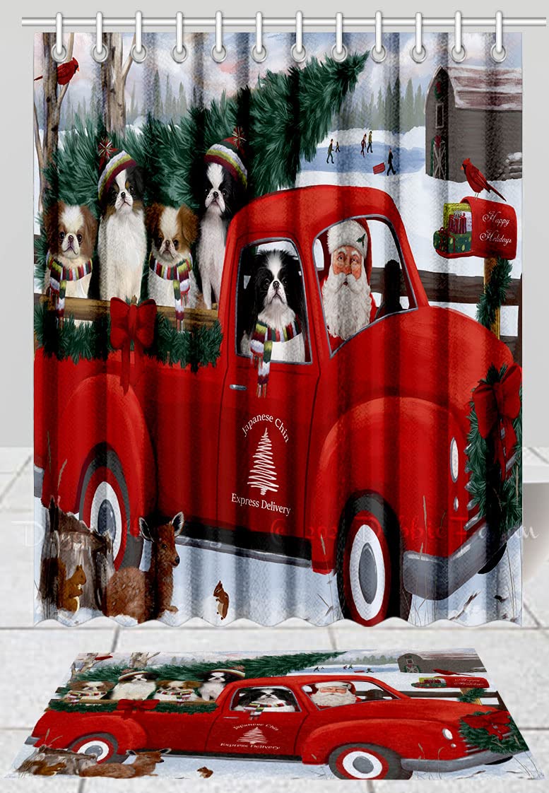 Doggie of the Day Japanese Chin Dog Bath Mat & Shower Curtain Combo - Non-Slip Bathroom Decor Plush Rug Mat Polyester Bathtub Curtain Screens with Hooks