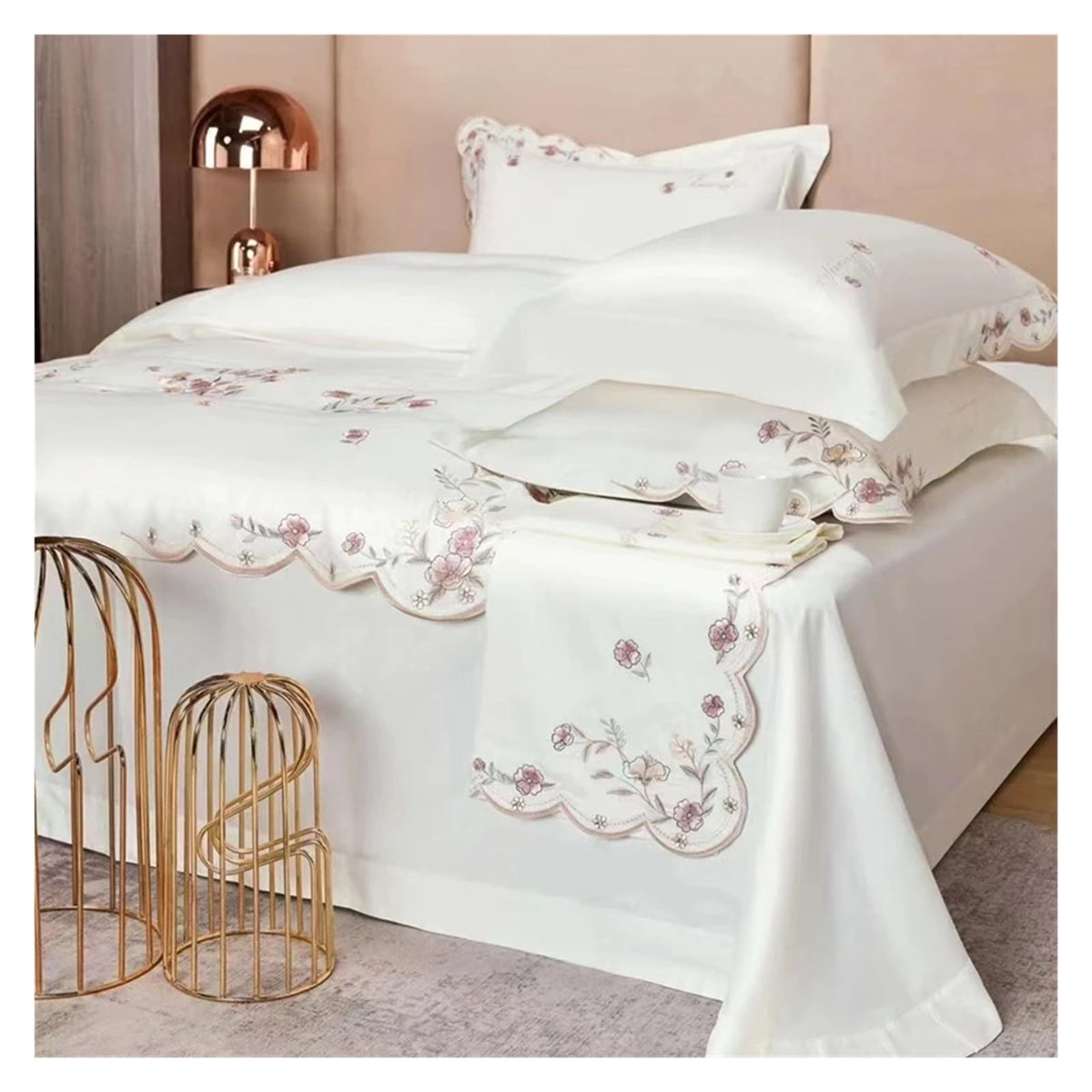 1000TC 100% Cotton Supreme Quality Luxury Bedding Flowers Embroidery Bedding Set Duvet Cover Set Flat/Fitted Bed Sheet Pillowcases (I QUEEN_FLAT)
