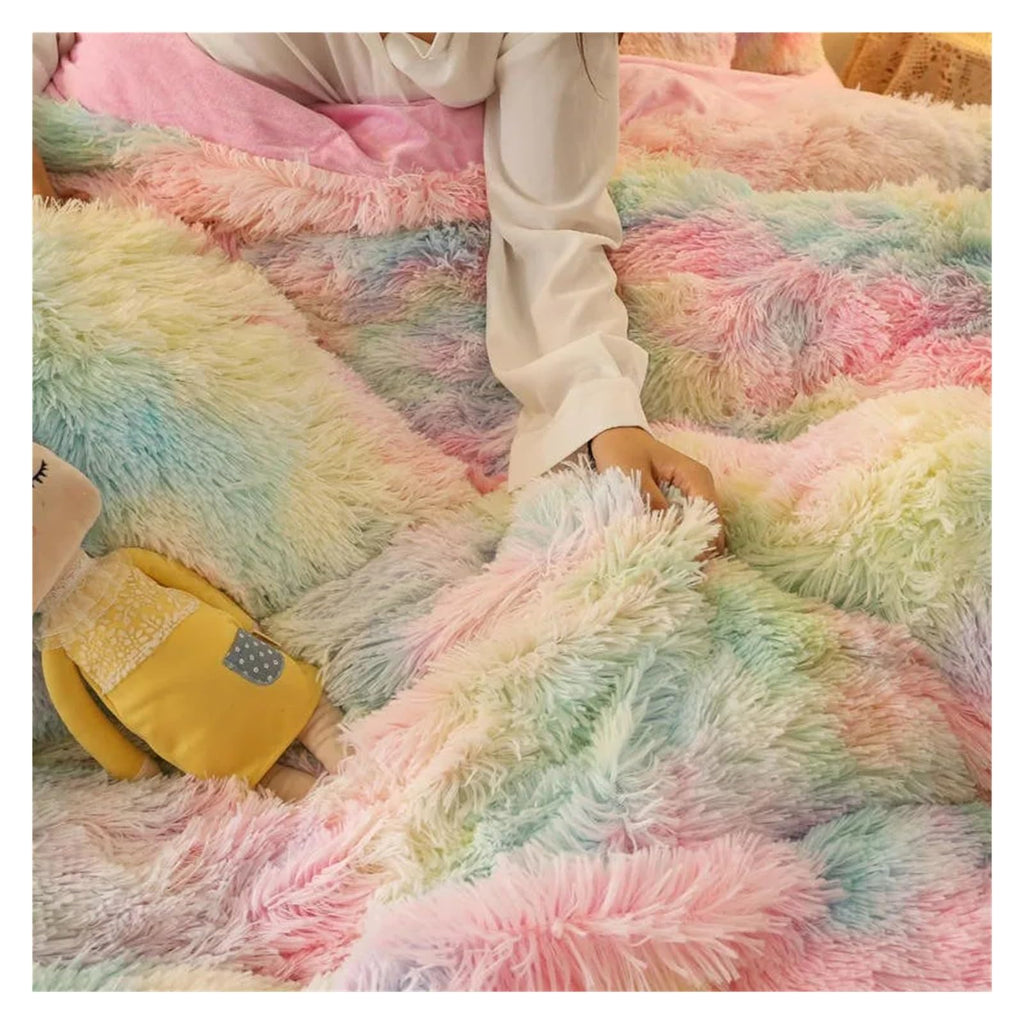 Comforter Cover Set, Gradient Color Plush Shaggy Ultra Soft Bedding Sets 4Pcs, Rainbow Tie Dye Comforter for Winter (Iridescent King)